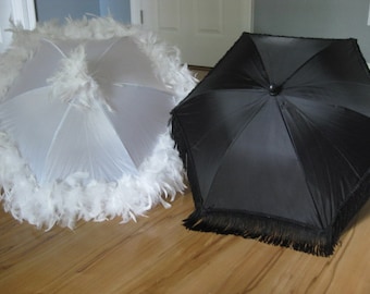 Bride Groom New Orleans Wedding Second Line Umbrellas- feather or fringe set of 2 MEDIUM size wedding parasols- Mr Mrs- white ivory black