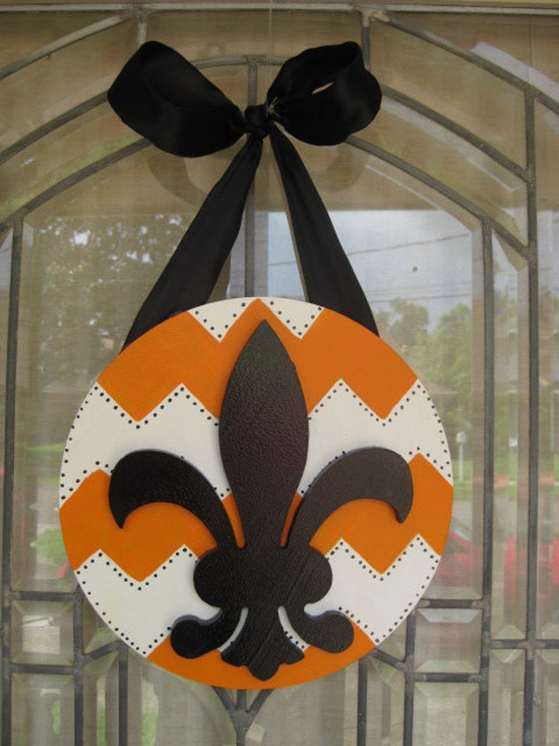 New Orleans Southern Halloween Fleur De Lis Door Decoration Cajum Chevron Orange White