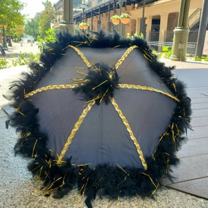 Black and Gold Second Line Umbrella New Orleans with Gold Spine Trim and Feathers Parasol Sized team football tailgate Wedding Party image 1