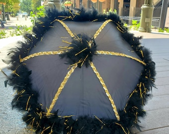 Black and Gold Second Line Umbrella New Orleans with Gold Spine Trim and Feathers- Parasol Sized- team football tailgate- Wedding Party