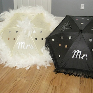 Second Line Wedding Umbrella Mr. Mrs. Authentic New Orleans- set of 2 MEDIUM Parasol Sized Cream Ivory Champagne White Black Fringe Feather