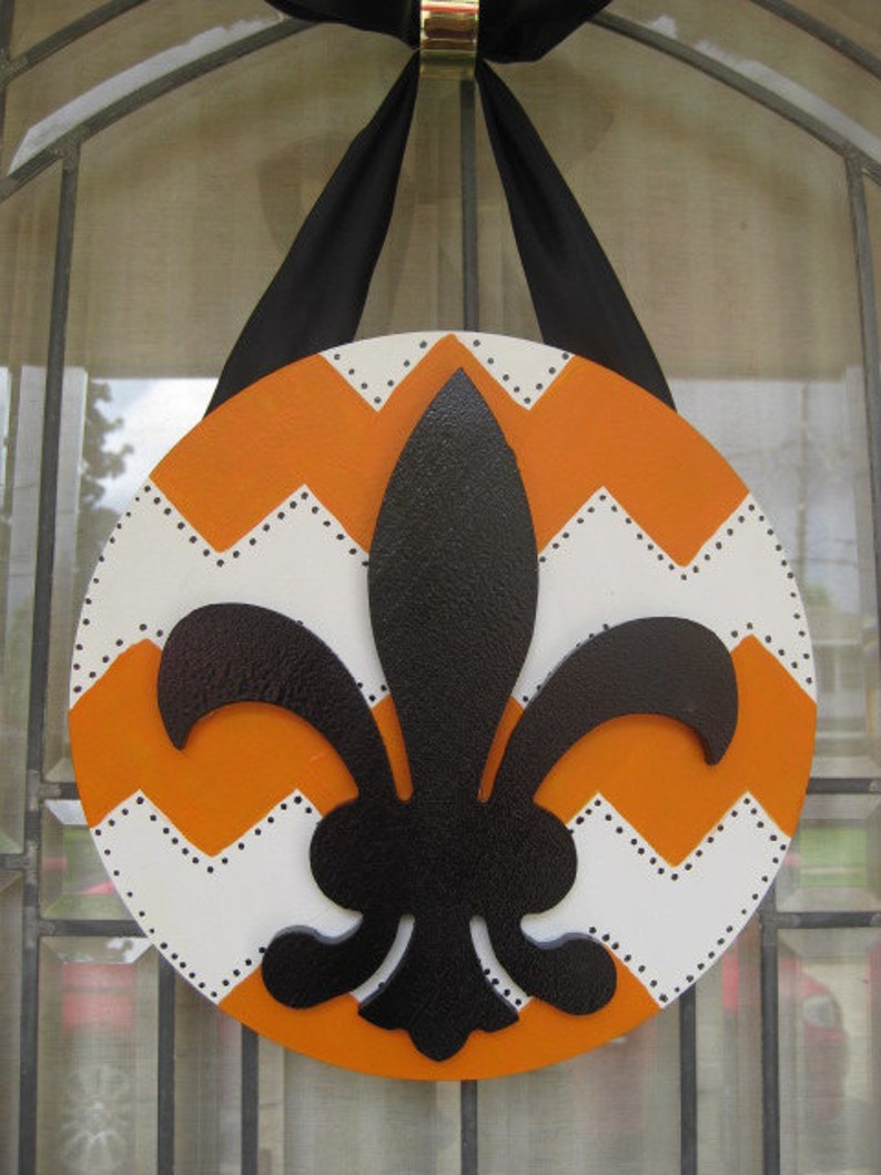 New Orleans Southern Halloween Fleur De Lis Door Decoration Cajum Chevron Orange White