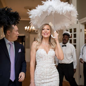 Mr. & Mrs. Wedding Umbrellas Second Line Set of 2 Feather Parasols Choose size color and trim Hand Painted Lettering From New Orleans image 3