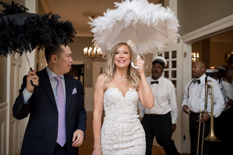 Mr. & Mrs. Wedding Umbrellas Second Line Set of 2 Feather Parasols Choose size color and trim Hand Painted Lettering From New Orleans image 3