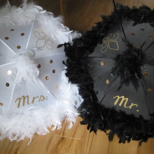 MR. and MRS. Wedding Second Line Umbrellas- set of 2- Straight from New Orleans Hand painted- Feathers or Fringe- Wedding Umbrella Parasol