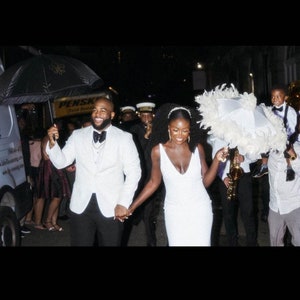 Mr. & Mrs. Wedding Umbrellas Second Line Set of 2 Feather Parasols Choose size color and trim Hand Painted Lettering From New Orleans image 5