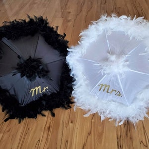 Mr. & Mrs. Wedding Umbrellas Second Line Set of 2 Feather Parasols Choose size color and trim Hand Painted Lettering From New Orleans image 1