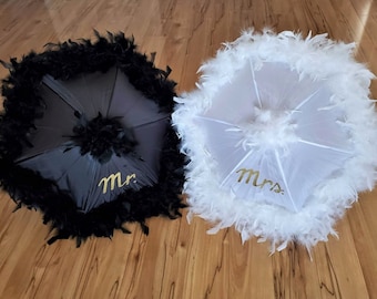 Mr. & Mrs. Wedding Umbrellas - Second Line- Set of 2- Feather Parasols- Choose size color and trim- Hand Painted Lettering- From New Orleans