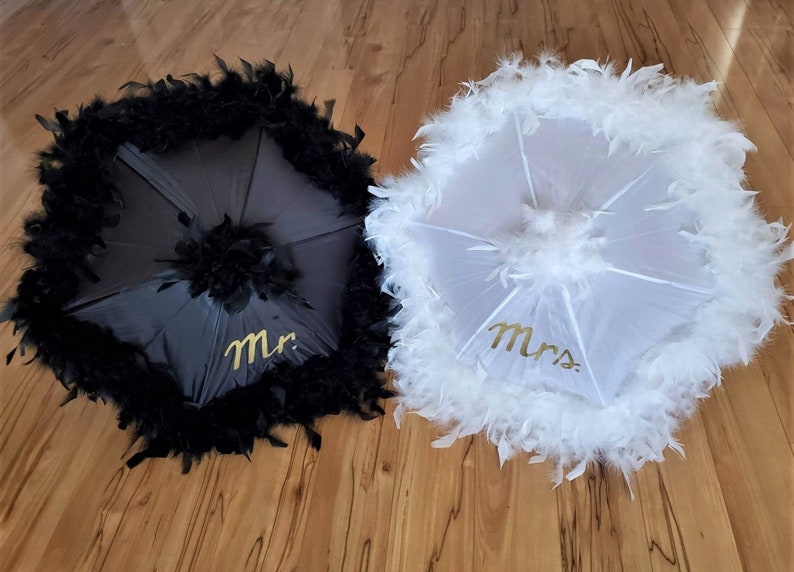 Mr. & Mrs. Wedding Umbrellas Second Line Set of 2 Feather Parasols Choose size color and trim Hand Painted Lettering From New Orleans image 1