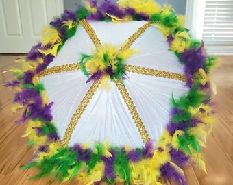 Second Line Umbrella Parasol- Mardi Gras Purple, Green, Yellow on White Umbrella MEDIUM size with GOLD spine trim- New Orleans party