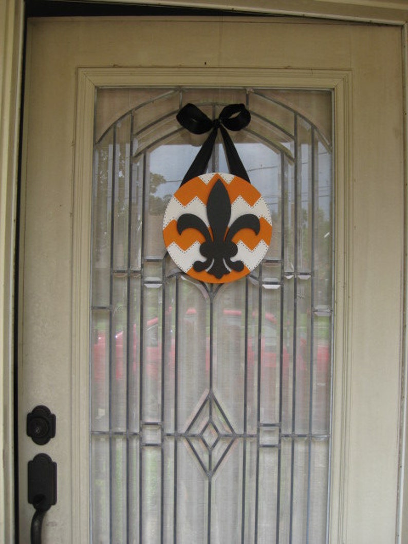 New Orleans Southern Halloween Fleur De Lis Door Decoration Cajum Chevron Orange White