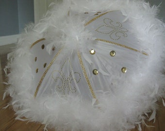 Second Line Umbrella- Umbrella for Wedding Sparkle Bling Parasol- New Orleans Bride Groom- gems, spine trim hand paint fleur de lis feathers