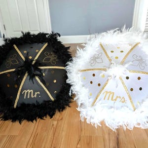 MR. and MRS. Wedding Second Line Umbrellas with Spine Trim- set of 2- New Orleans Hand painted- Feathers or Fringe- Wedding Umbrella Parasol
