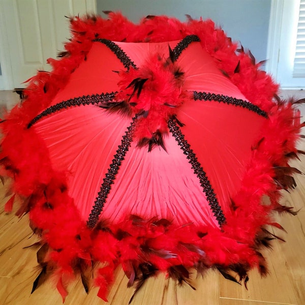 Red, White, Black Second Line Umbrella Parasol with Spine Trim- Sorority- New Orleans- Walk, Event, Party, Shade, Accessory