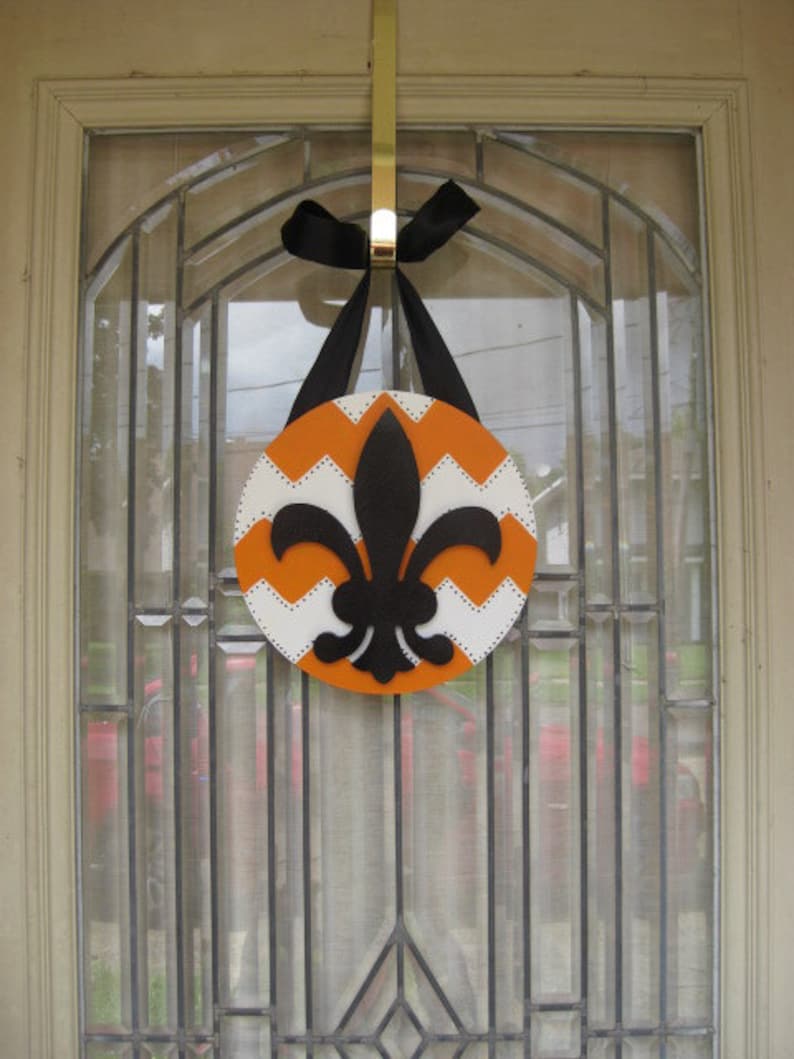 New Orleans Southern Halloween Fleur De Lis Door Decoration Cajum Chevron Orange White