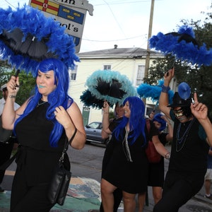 Black and Gold Second Line Umbrella New Orleans with Gold Spine Trim and Feathers Parasol Sized team football tailgate Wedding Party image 3