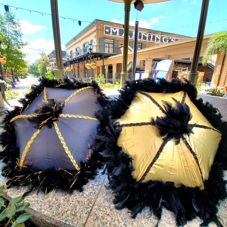 Black and Gold Second Line Umbrella New Orleans with Gold Spine Trim and Feathers Parasol Sized team football tailgate Wedding Party image 4