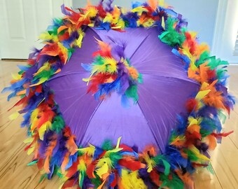 Rainbow Mix Feather on Purple New Orleans Second Line Umbrella Parasol- Choose UMBRELLA and FEATHER color Rainbow Unicorn Pride Parade Party