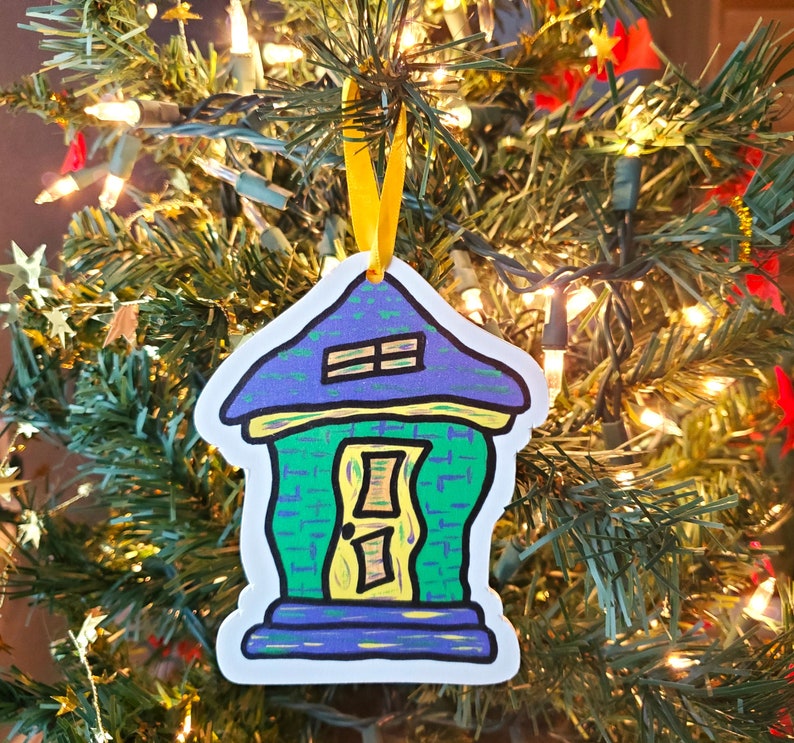 Mardi Gras Tree Ornament, Holiday House Made From Original Painted Artwork, 4 x 5, New Orleans Shotgun House, Teacher Gift, 1 or 2 sided image 1