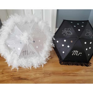 MR. and MRS. Wedding Second Line Umbrellas-FRINGE set of 2 umbrellas- New Orleans Parade- with hand painted lettering, fleur de lis, sequins