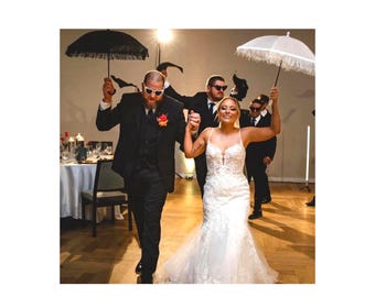 Bride and Groom New Orleans Wedding Second Line Umbrellas- 2 MEDIUM or LARGE size- Wedding Parasols- Mr and Mrs Dance- Feather or Fringe