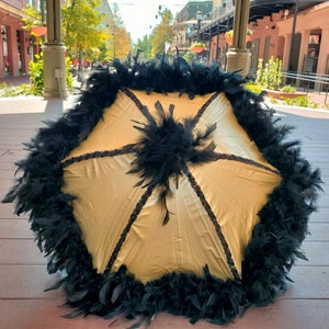 Black and Gold Second Line Umbrella New Orleans with Gold Spine Trim and Feathers Parasol Sized team football tailgate Wedding Party image 2