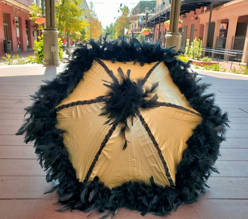 Black and Gold Second Line Umbrella New Orleans with Gold Spine Trim and Feathers Parasol Sized team football tailgate Wedding Party image 2