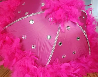 Sparkly Pink Birthday Second Line Feather Umbrella- Sparkle Bling Princess Parasol- New Orleans Party Accessory- Gems, Spine Trim, Feathers