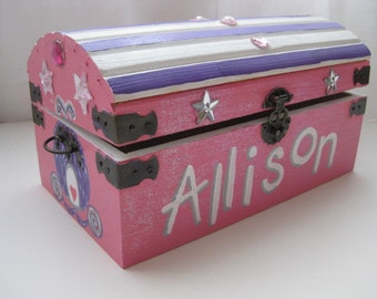 Personalized Painted Wooden Princess Jewel Sparkly Treasure Toy Chest- 9 in x 5 in x 5 in With Latch- Birthday Christmas Gift, Keepsake Box