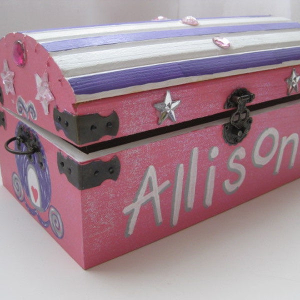 Personalized Painted Wooden Princess Jewel Sparkly Treasure Toy Chest- 9 in x 5 in x 5 in With Latch- Birthday Christmas Gift, Keepsake Box