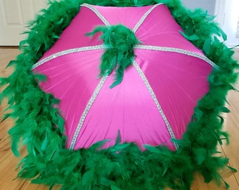 Second Line Umbrella Pink Green with Spine Trim and Feather Edge and Topper- New Orleans- Shade, Walk, Event