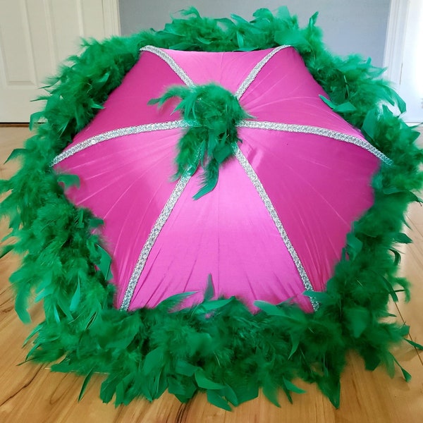 Second Line Umbrella Pink Green with Spine Trim and Feather Edge and Topper- New Orleans- Shade, Walk, Event