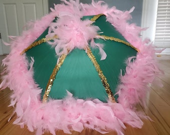 Second Line Umbrella Pink Green with Spine Trim and Feather Edge and Topper- New Orleans- Shade, Walk, Event- Parasol Size- Bachelorette