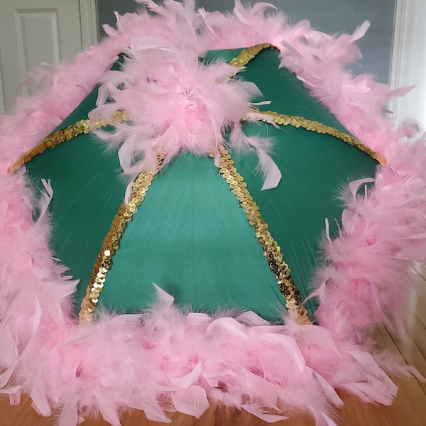 Second Line Umbrella Pink Green with Spine Trim and Feather Edge and Topper- New Orleans- Shade, Walk, Event- Parasol Size- Bachelorette