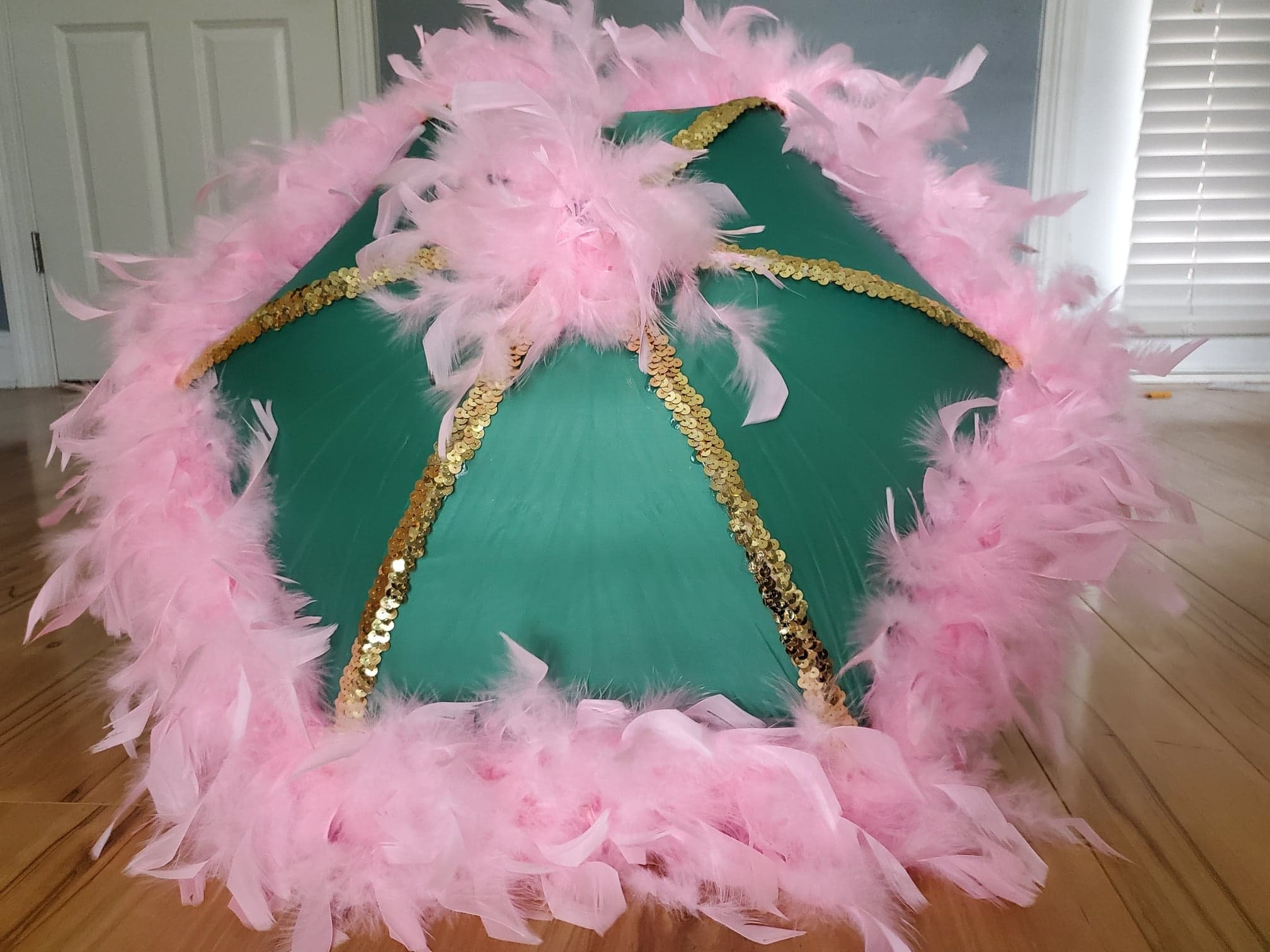 Second Line Umbrella Pink Green with Spine Trim and Feather Edge and Topper- New Orleans- Shade, Walk, Event- Parasol Size- Bachelorette