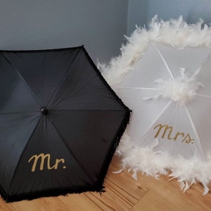 Mr. & Mrs. Wedding Umbrellas Second Line Set of 2 Feather Parasols Choose size color and trim Hand Painted Lettering From New Orleans Medium Cream Feather