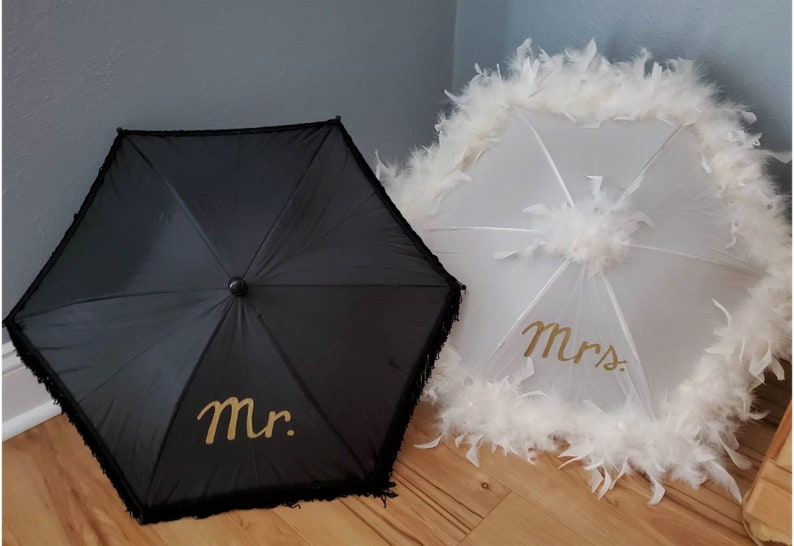 Mr. & Mrs. Wedding Umbrellas Second Line Set of 2 Feather Parasols Choose size color and trim Hand Painted Lettering From New Orleans Medium Cream Feather