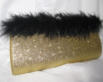 Prom- New Orleans purse Gold Glitter, Black Wispy Feather Trim- Medium Clutch Purse Handbag-3 Handle Choices- Many color choices