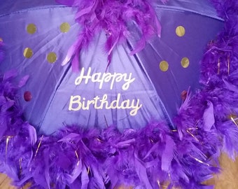 Happy Birthday Hand Painted Custom Second Line Umbrella- Purple Gold Feathers, Choose Colors, Party Accessory Happy 60th 50th 40th 30th 21st