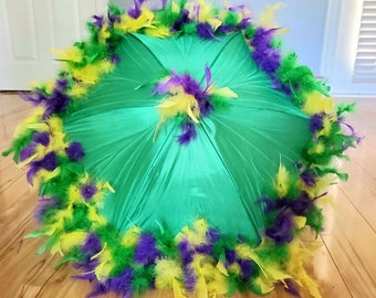 Second Line Umbrella Parasol- Mardi Gras Purple, Green, Yellow on Green Umbrella- New Orleans Birthday- Bachelorette Party- Masquerade