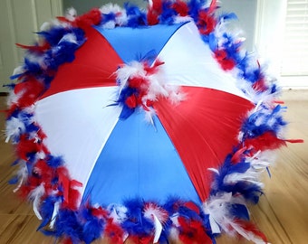 Patriotic Red White Blue Medium Feather Parasol Second Line Umbrella New Orleans Military Veterans Memorial Day Parade USA July 4