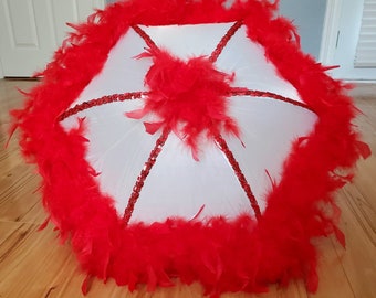 Red and White Second Line Umbrella Parasol with Spine Trim- Sorority- New Orleans- Walk, Event, Party, Shade, Accessory