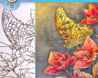Butterfly Laser Engraving. Botanical Coloring Wood Wall Art. DIY Paint-on-Wood Craft for Home Decor
