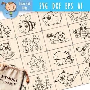Puede incluir: Juego de memoria de madera con ilustraciones de dibujos animados de animales y plantas, como una abeja, un conejo y un búho. El juego incluye una bolsa de lona con la etiqueta "MEMORY GAME". La parte superior de la imagen dice "SVG DXF EPS AI".