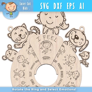 May include: Wooden emotion wheel with illustrations of children and animals. The wheel features the text "I FEEL" and various emotions like "Happy," "Sad," and "Excited." The image also includes the text "Rotate the Ring and Select Emotions!"