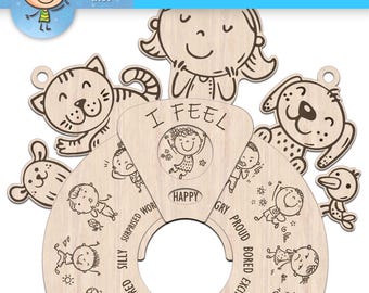 Kids Emotion Wheel SVG DXF EPS ai. Feelings Chart for Children. Wooden Emotion Learning Toy for Laser Cut. Activity for Home or Classroom