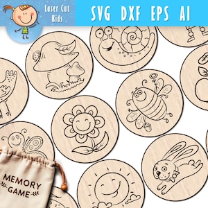 May include: Wooden memory game set with various engraved illustrations of a mushroom, snail, bee, flower, sun, and rabbit. The set includes a drawstring bag with the words "MEMORY GAME" printed on it. The top of the image has the text "SVG DXF EPS AI".