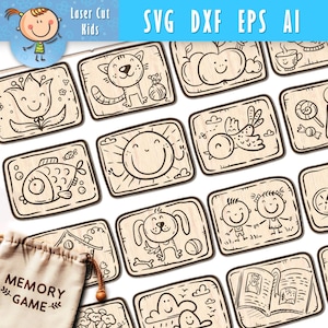 Puede incluir: Juego de memoria de madera con fichas rectangulares ilustradas con imágenes como un gato, un sol y un pez. El juego incluye una bolsa con la inscripción "MEMORY GAME". La parte superior de la imagen tiene el texto "SVG DXF EPS AI".