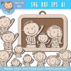 Può includere: Kit per ritratti di famiglia in legno con cornice rettangolare e diversi personaggi dei cartoni animati. Il kit include un ritratto di famiglia con padre, madre e figlio, più personaggi singoli. Il testo dice "Make, color and hang your family portrait!"