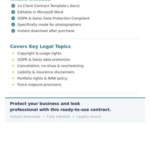 Plantilla de contrato de sesión fotográfica para fotógrafos: acuerdo listo para usar que cumple con el RGPD, legal en la UE y Suiza, totalmente editable.